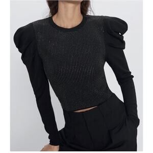 ZARA PARTY Sweater dramatic PUFF Sleeves Embellished Rhinestone Bodice Fitted SM